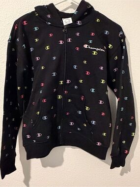 Champion Black Zip-Up Hoodie with Multicolor Logo Pattern